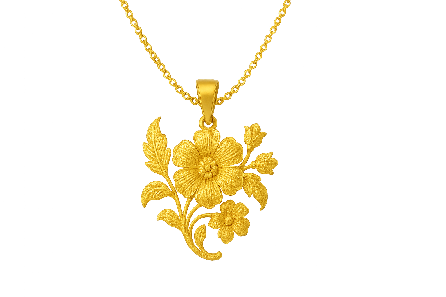 Elegant 22KT gold pendant necklace with intricate floral design. Perfect for festive and daily wear. give the image in png format no background