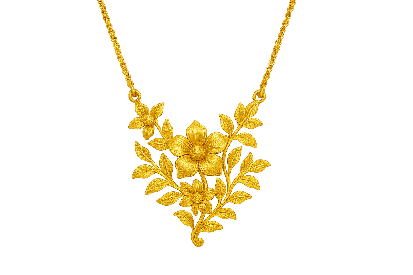 Elegant 22KT gold pendant necklace with intricate floral design. Perfect for festive and daily wear. give the image in png format no background