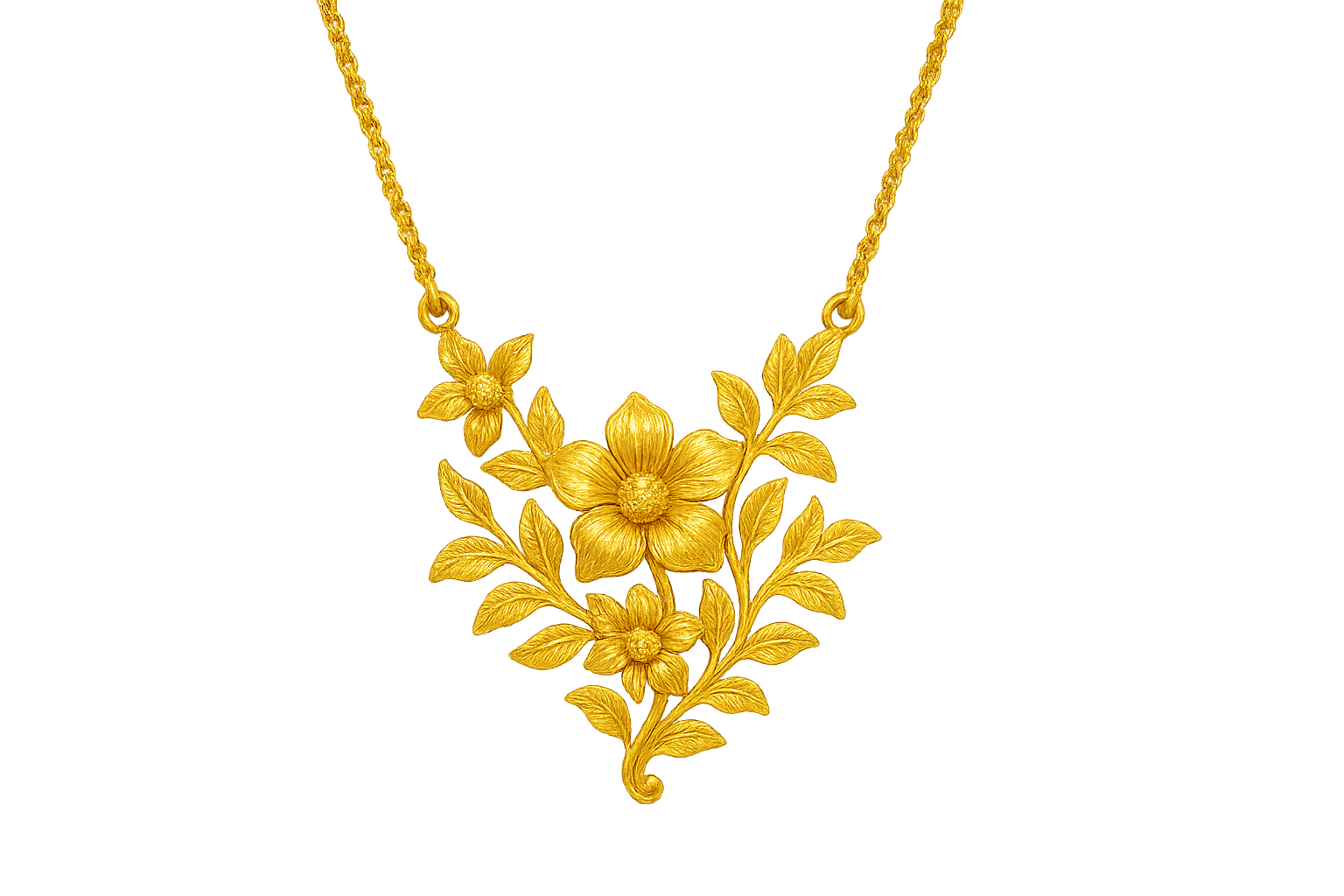 Elegant 22KT gold pendant necklace with intricate floral design. Perfect for festive and daily wear. give the image in png format no background