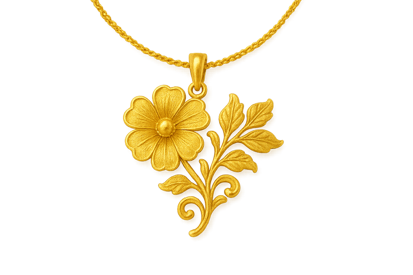 Elegant 22KT gold pendant necklace with intricate floral design. Perfect for festive and daily wear. give the image in png format no background