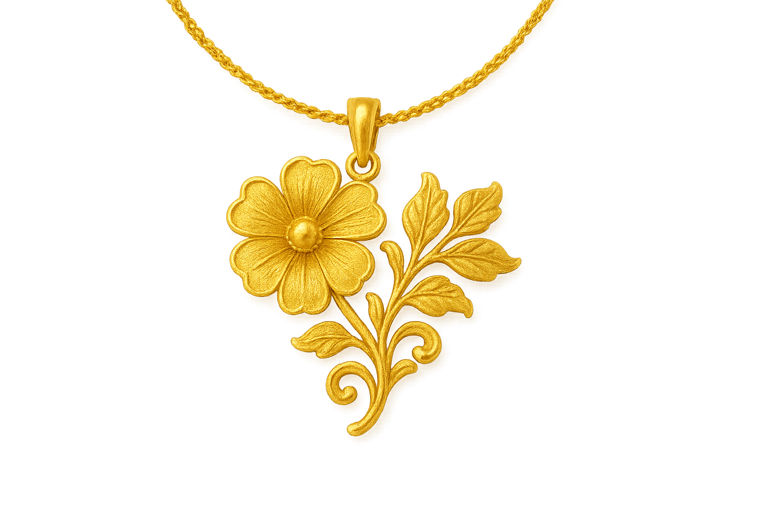 Elegant 22KT gold pendant necklace with intricate floral design. Perfect for festive and daily wear. give the image in png format no background