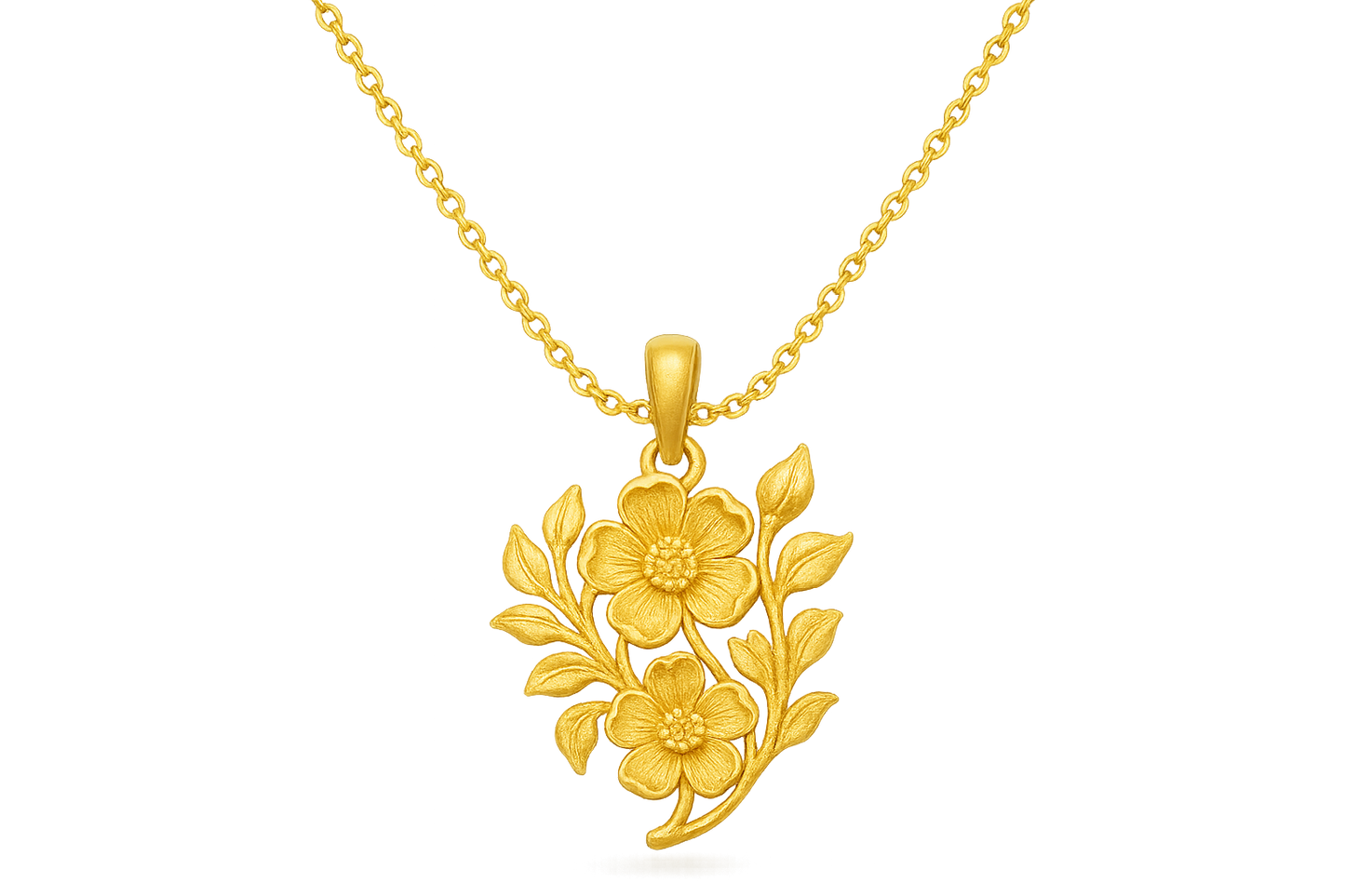 Elegant 22KT gold pendant necklace with intricate floral design. Perfect for festive and daily wear. give the image in png format no background 