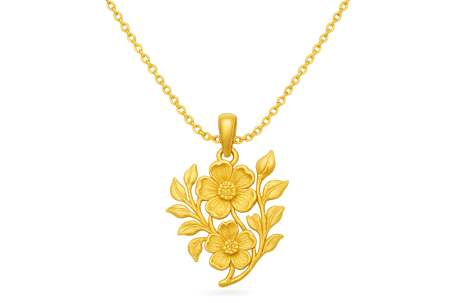 Elegant 22KT gold pendant necklace with intricate floral design. Perfect for festive and daily wear. give the image in png format no background 