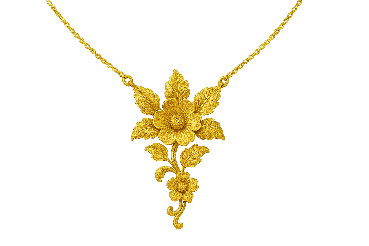 Elegant 22KT gold pendant necklace with intricate floral design. Perfect for festive and daily wear. give the image in png format no background