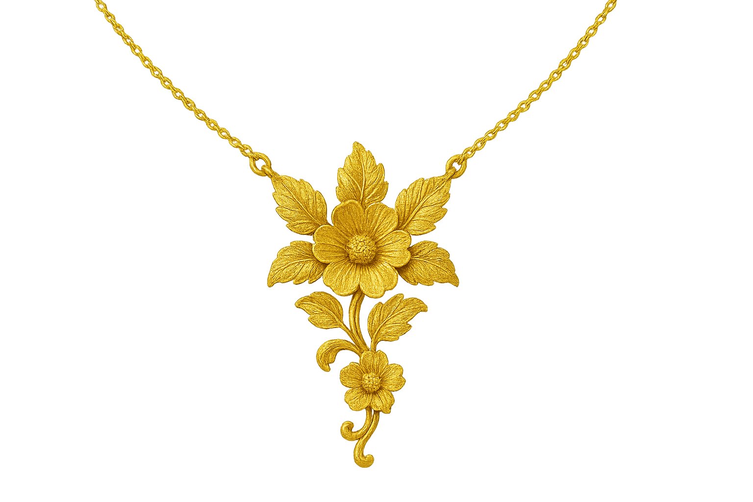 Elegant 22KT gold pendant necklace with intricate floral design. Perfect for festive and daily wear. give the image in png format no background