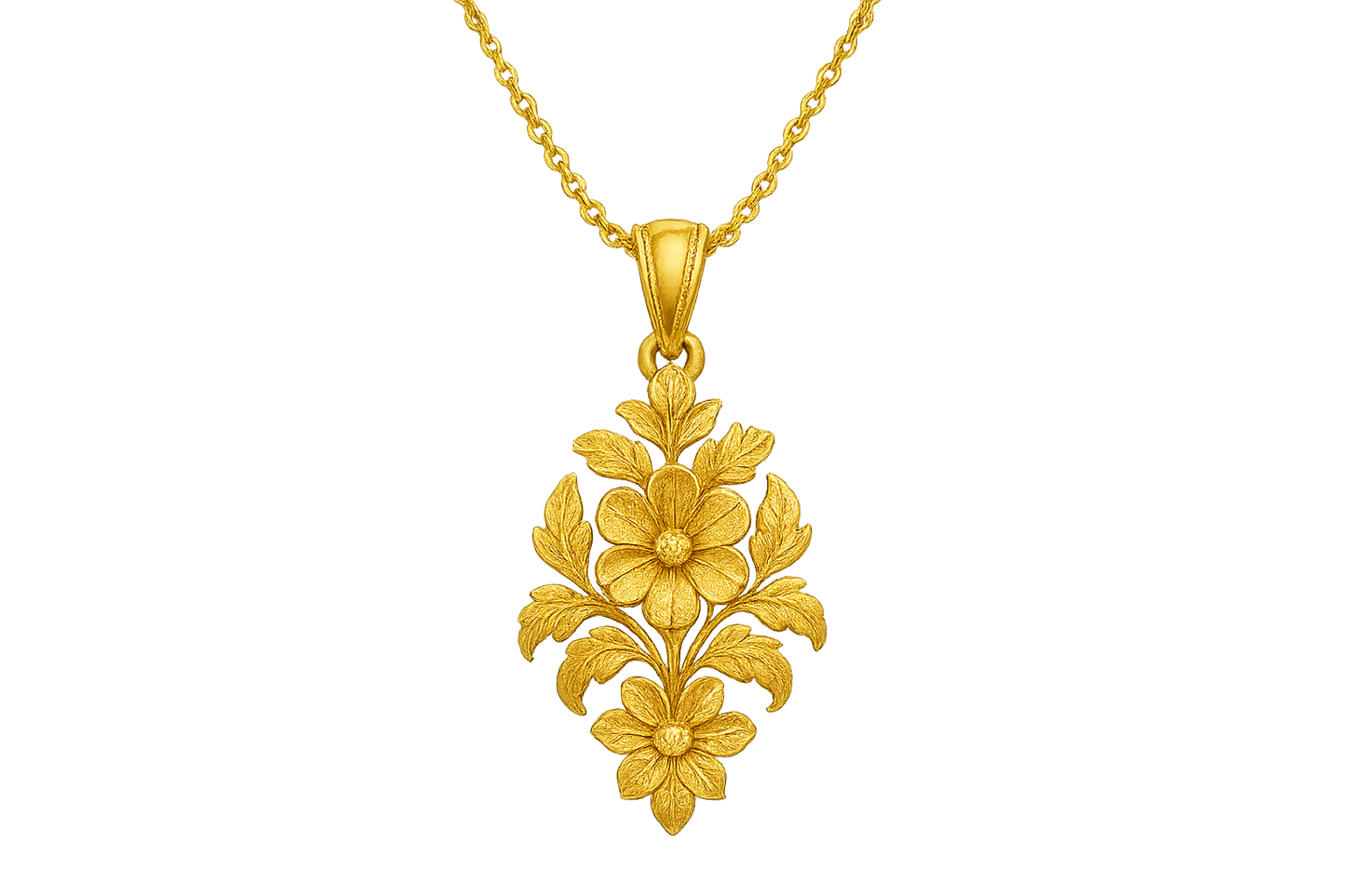 Elegant 22KT gold pendant necklace with intricate floral design. Perfect for festive and daily wear. give the image in png format no background