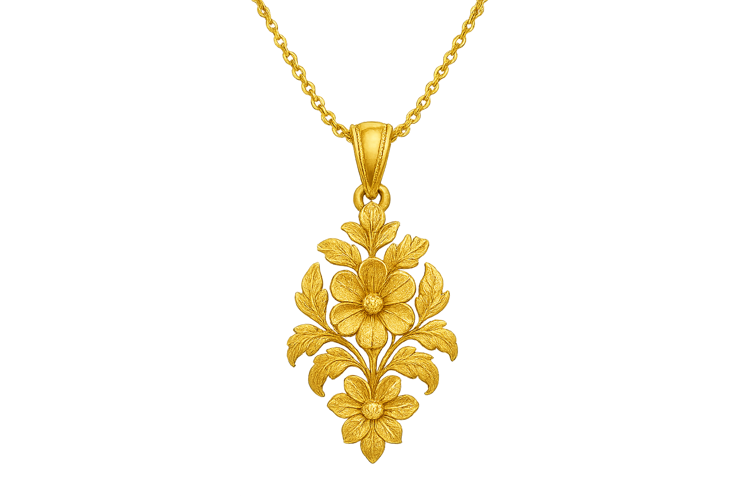 Elegant 22KT gold pendant necklace with intricate floral design. Perfect for festive and daily wear. give the image in png format no background