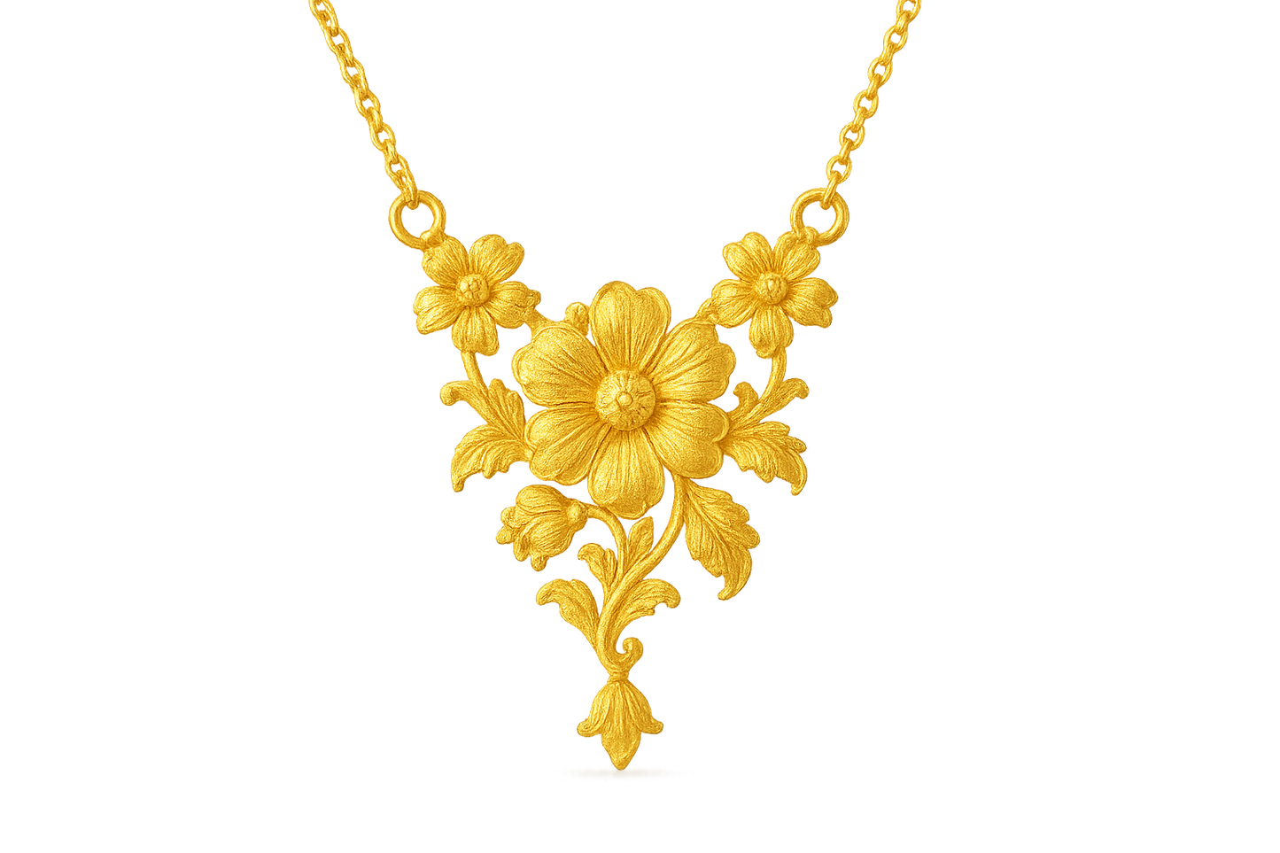 Elegant 22KT gold pendant necklace with intricate floral design. Perfect for festive and daily wear. give the image in png format no background