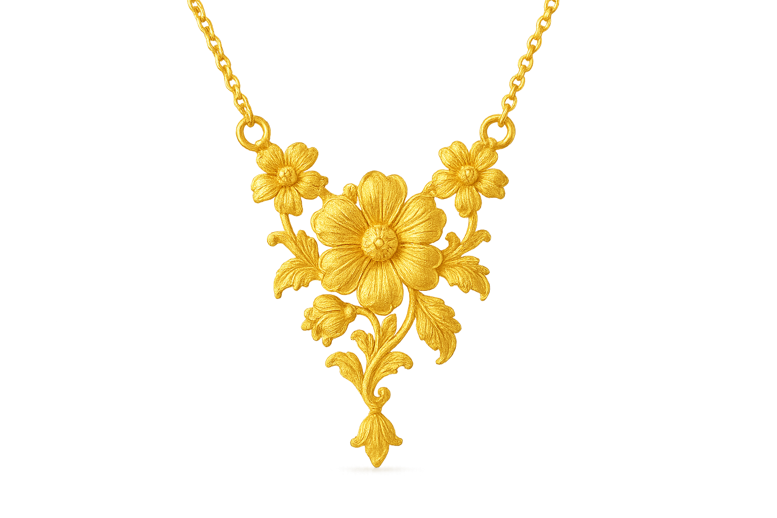 Elegant 22KT gold pendant necklace with intricate floral design. Perfect for festive and daily wear. give the image in png format no background