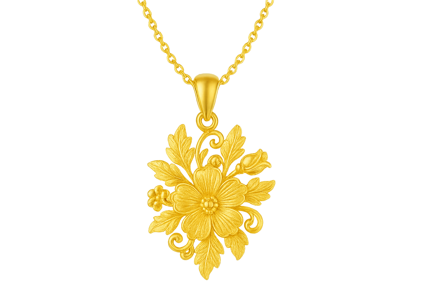 Elegant 22KT gold pendant necklace with intricate floral design. Perfect for festive and daily wear. give the image in png format no background
