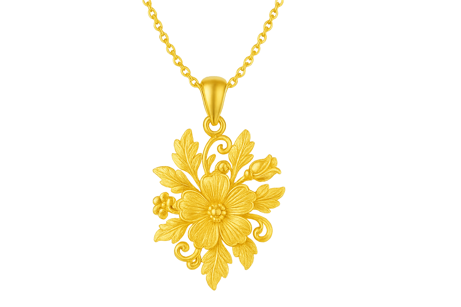 Elegant 22KT gold pendant necklace with intricate floral design. Perfect for festive and daily wear. give the image in png format no background
