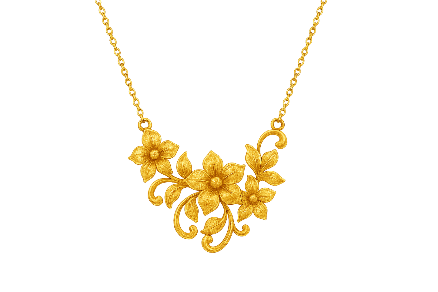 Elegant 22KT gold pendant necklace with intricate floral design. Perfect for festive and daily wear. give the image in png format no background