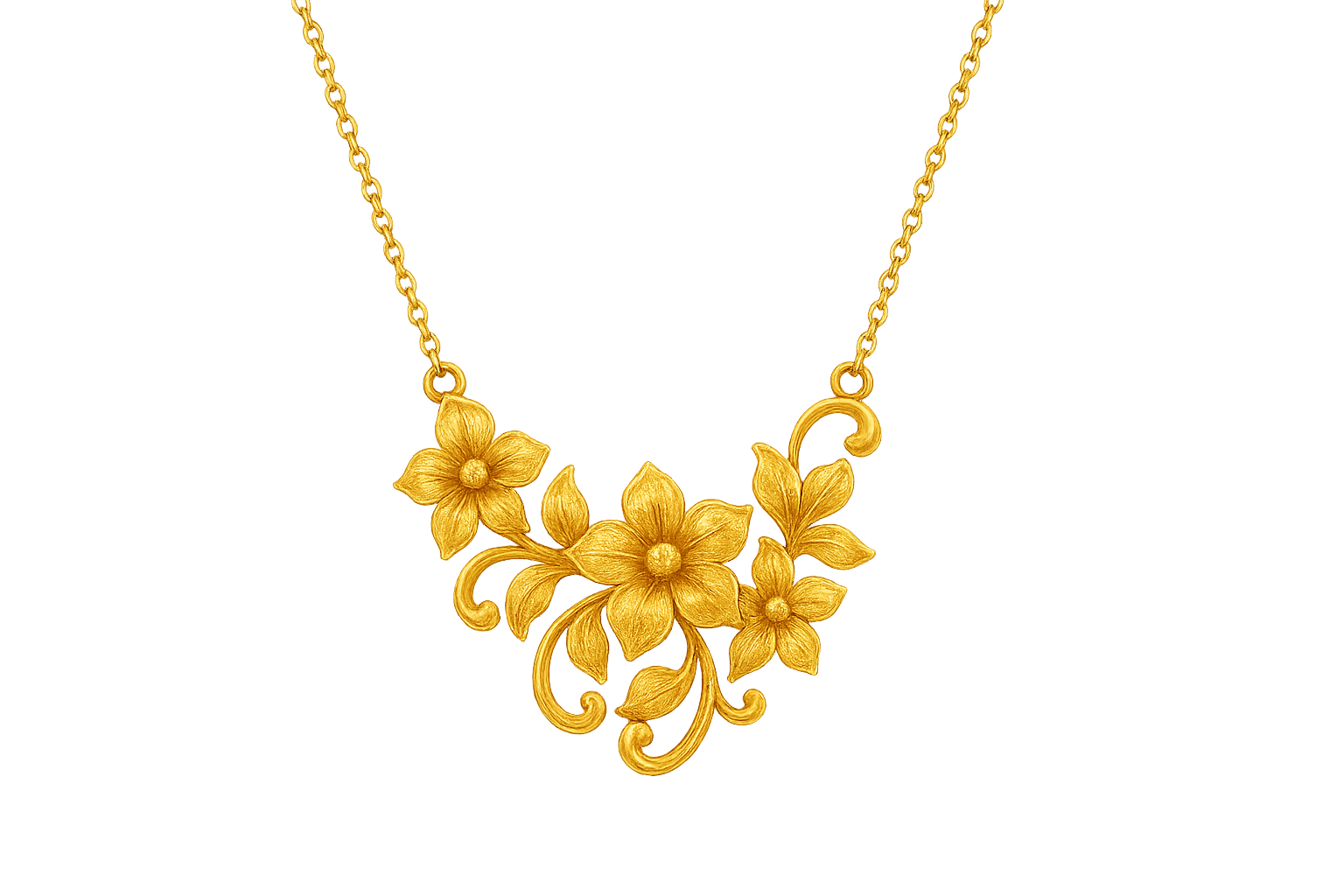 Elegant 22KT gold pendant necklace with intricate floral design. Perfect for festive and daily wear. give the image in png format no background