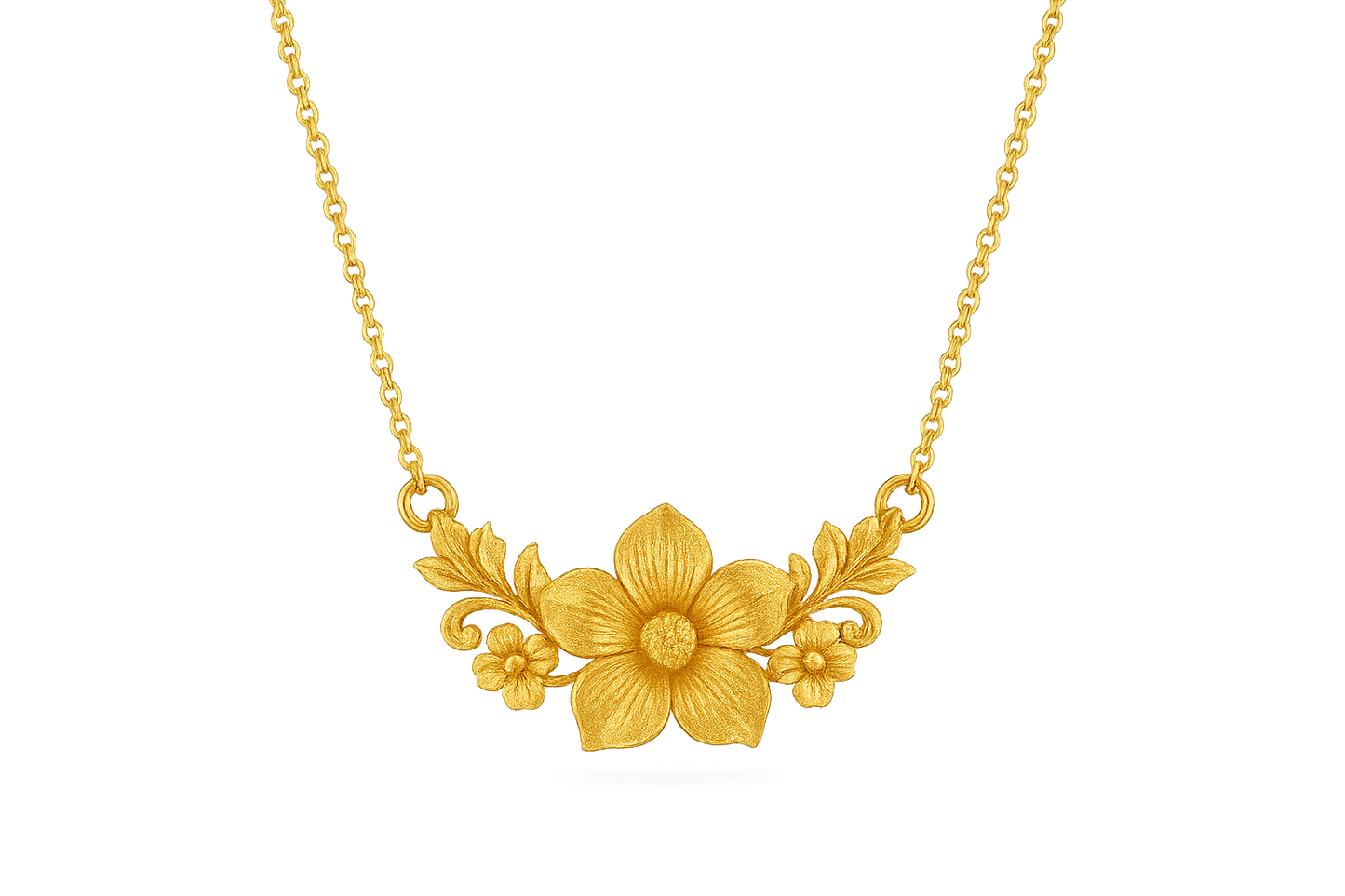 Elegant 22KT gold pendant necklace with intricate floral design. Perfect for festive and daily wear. give the image in png format no background