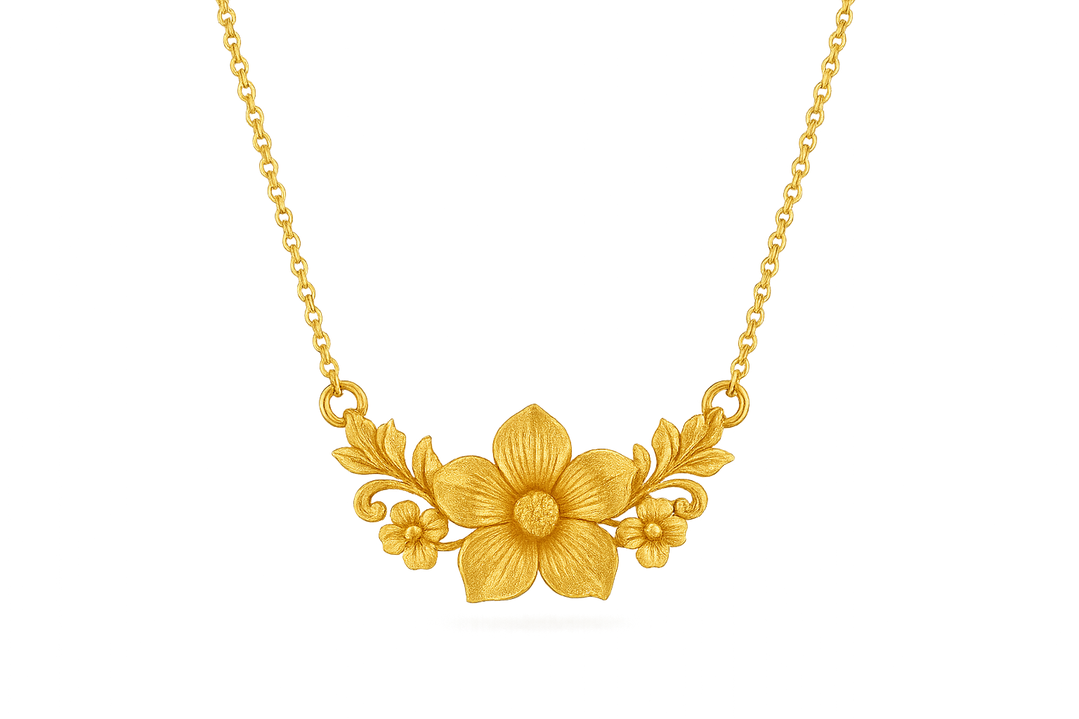 Elegant 22KT gold pendant necklace with intricate floral design. Perfect for festive and daily wear. give the image in png format no background