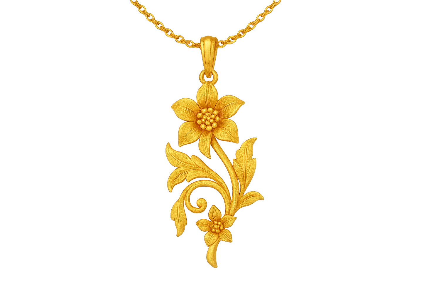 Elegant 22KT gold pendant necklace with intricate floral design. Perfect for festive and daily wear. give the image in png format no background