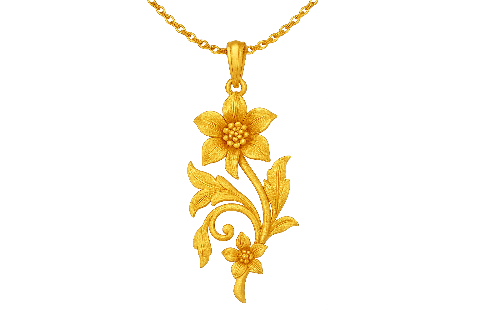 Elegant 22KT gold pendant necklace with intricate floral design. Perfect for festive and daily wear. give the image in png format no background