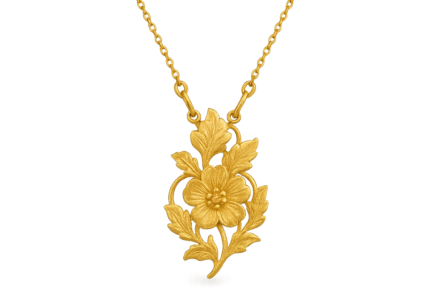 Elegant 22KT gold pendant necklace with intricate floral design. Perfect for festive and daily wear. give the image in png fornat no background