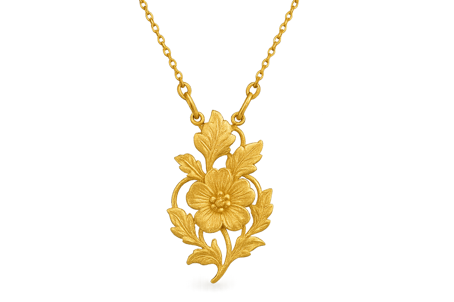 Elegant 22KT gold pendant necklace with intricate floral design. Perfect for festive and daily wear. give the image in png fornat no background