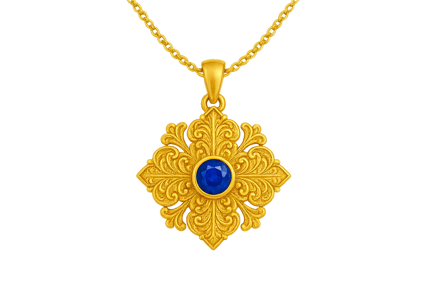 Elegant 22KT gold pendant necklace with intricate floral design. Perfect for festive and daily wear. with asapphire give the image png format no background