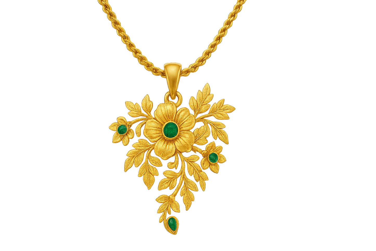 Elegant 22KT gold pendant necklace with intricate floral design. Perfect for festive and daily wear. with emerald give the image in format no background