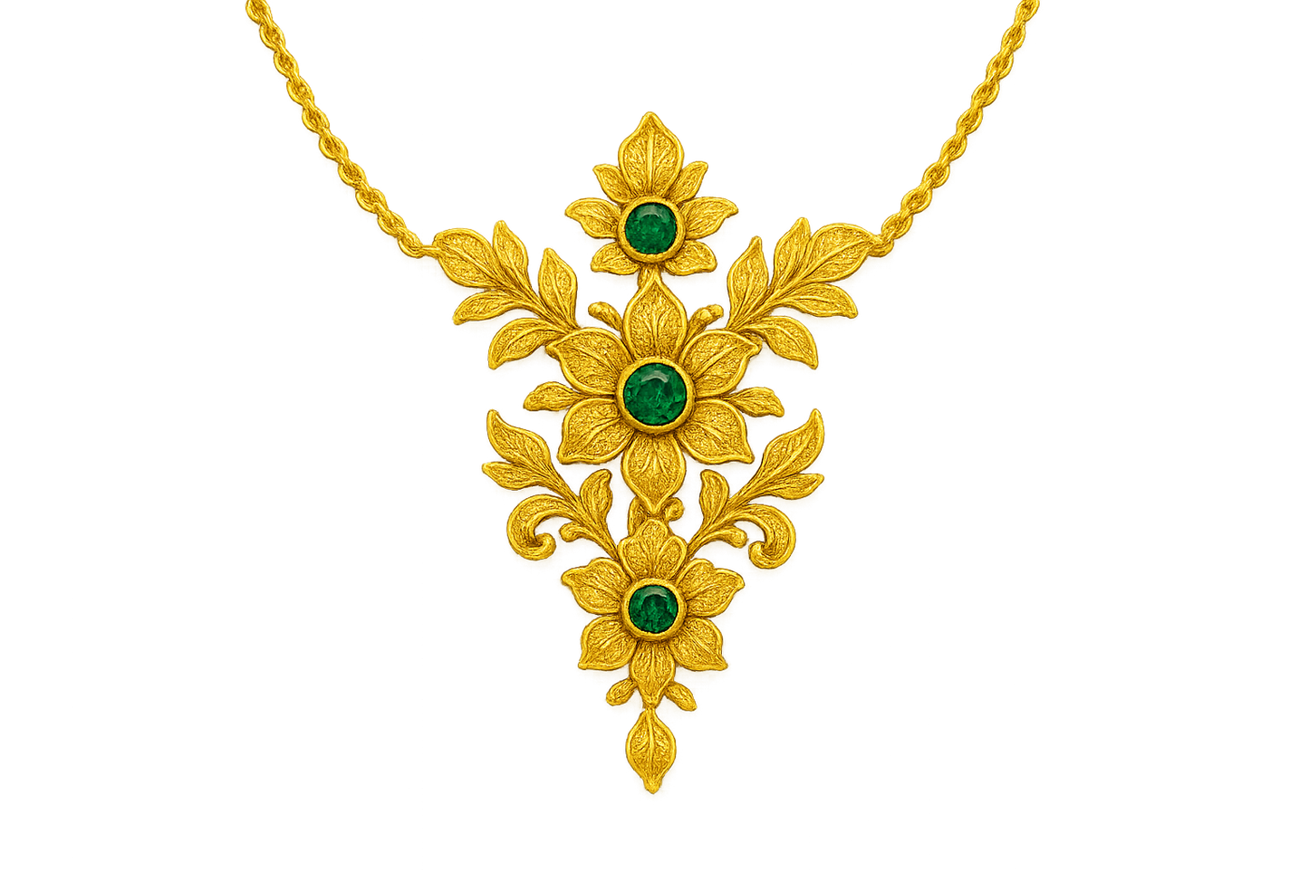 Elegant 22KT gold pendant necklace with intricate floral design. Perfect for festive and daily wear. with emerald give the image in format no background 