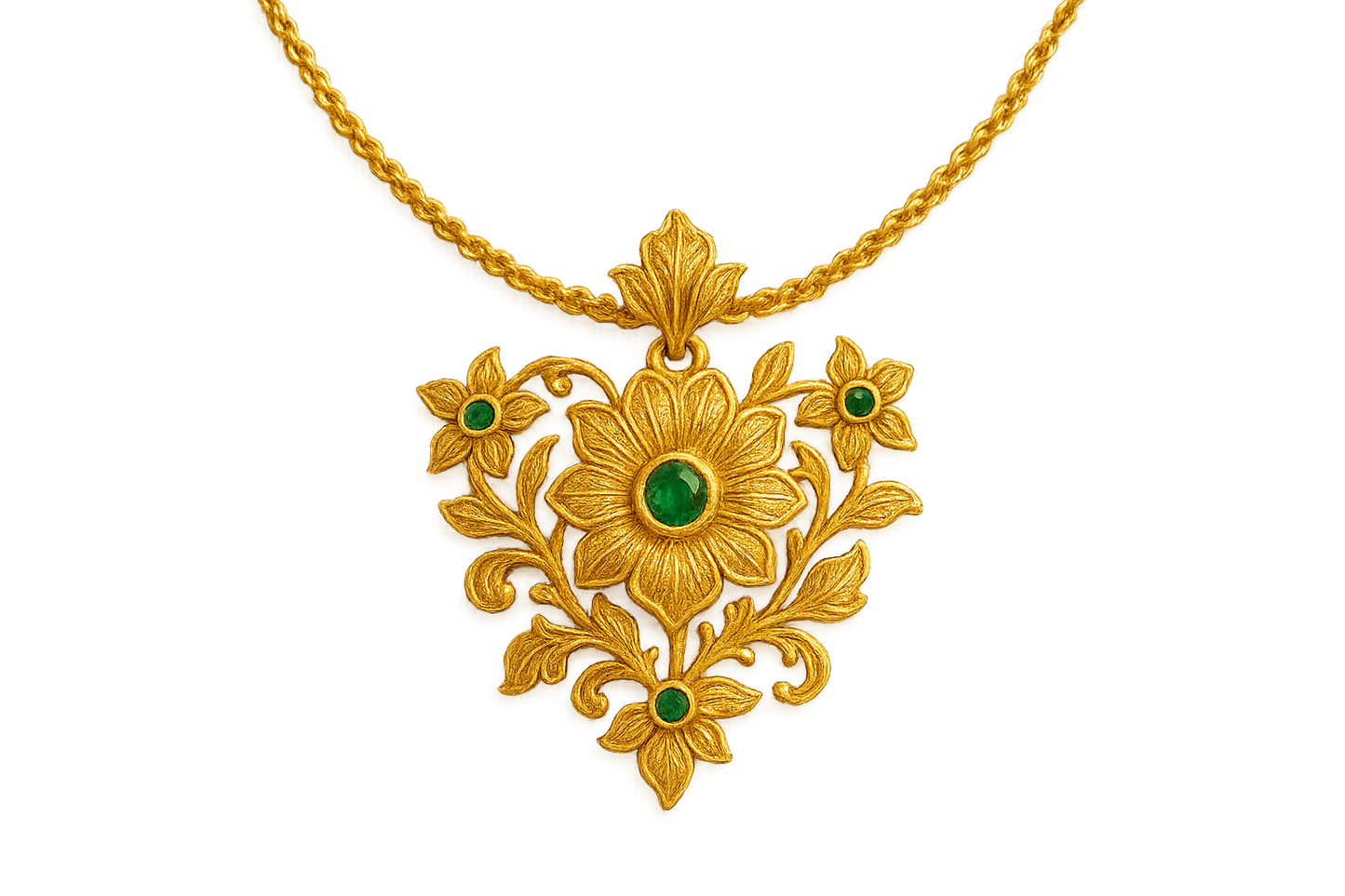 Elegant 22KT gold pendant necklace with intricate floral design. Perfect for festive and daily wear. with emerald give the image in format no background 