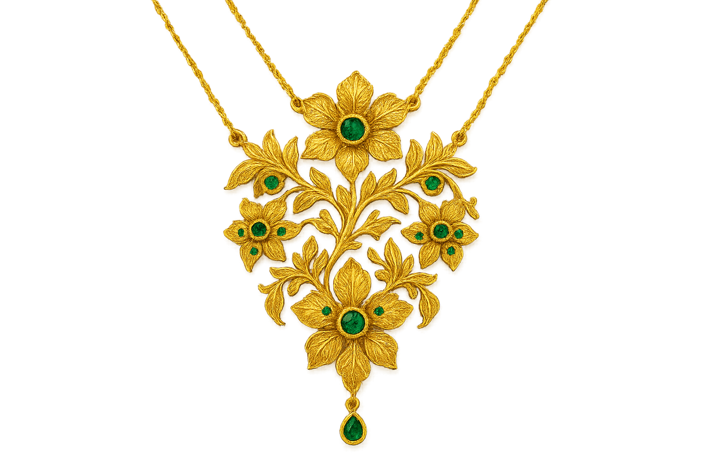 Elegant 22KT gold pendant necklace with intricate floral design. Perfect for festive and daily wear. with emerald give the image in format no background 