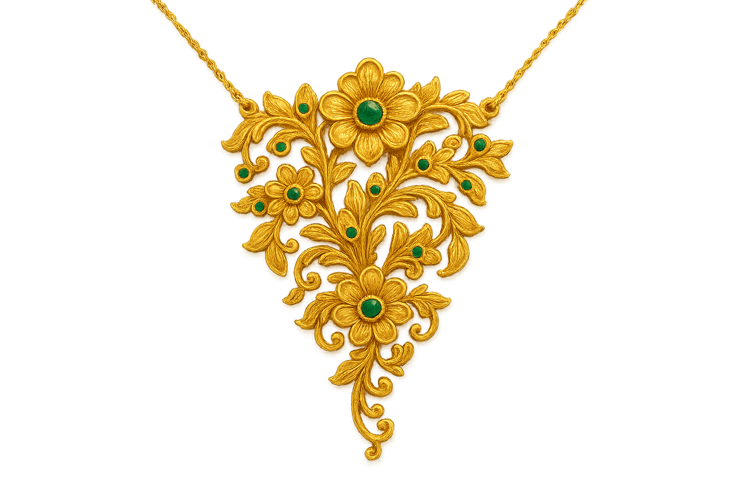 Elegant 22KT gold pendant necklace with intricate floral design. Perfect for festive and daily wear. with emerald give the image in format no background 