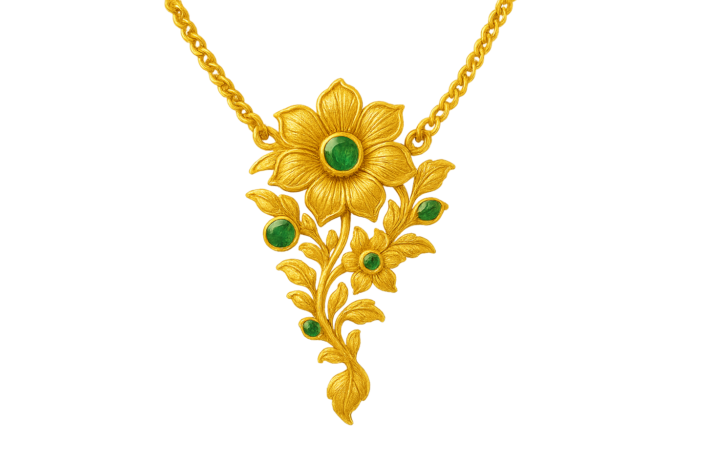 Elegant 22KT gold pendant necklace with intricate floral design. Perfect for festive and daily wear. with emerald give the image in format no background