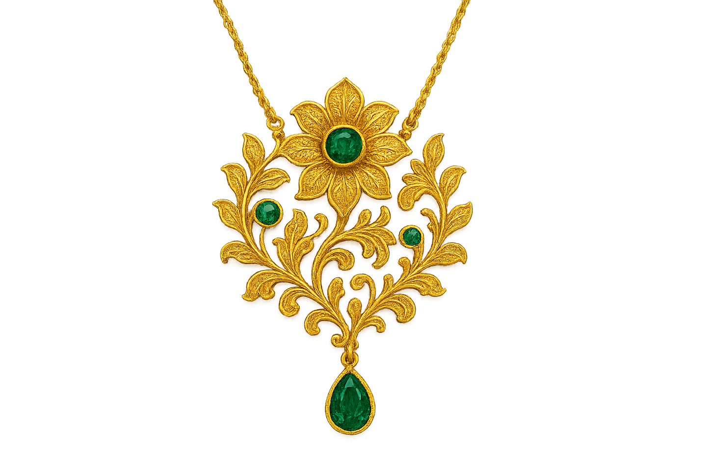 Elegant 22KT gold pendant necklace with intricate floral design. Perfect for festive and daily wear. with emerald give the image in format no background 