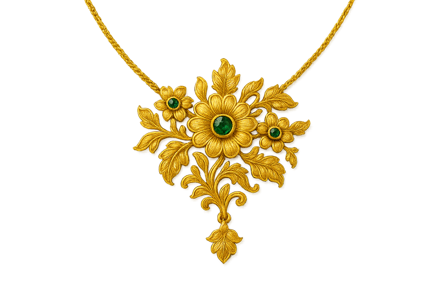 Elegant 22KT gold pendant necklace with intricate floral design. Perfect for festive and daily wear. with emerald give the image in format no background 