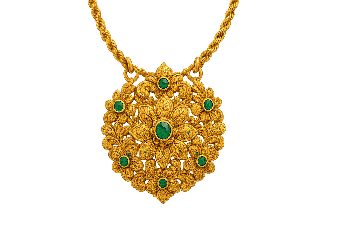 Elegant 22KT gold pendant necklace with intricate floral design. Perfect for festive and daily wear. with emerald give the image in png format no background
