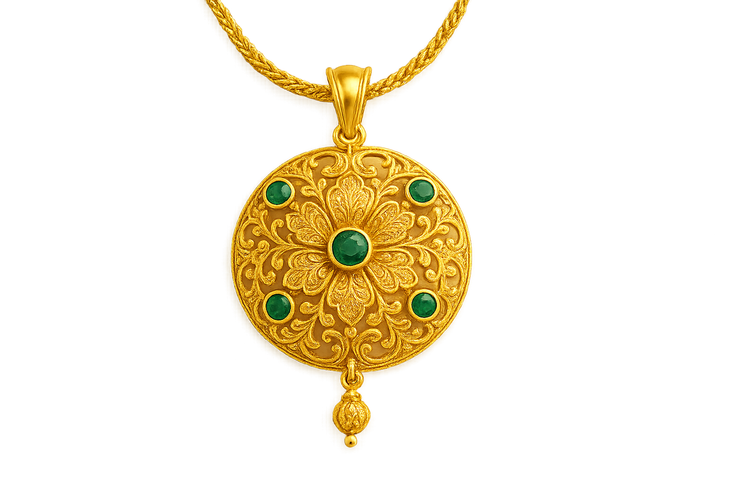 Elegant 22KT gold pendant necklace with intricate floral design. Perfect for festive and daily wear. with emerald give the image in png format no background  