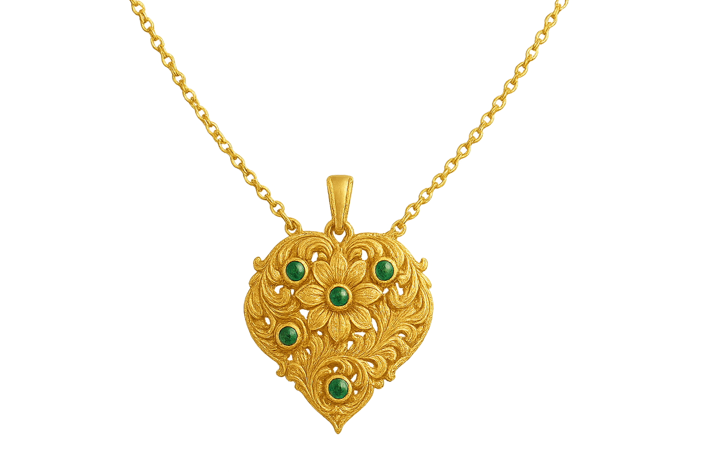 Elegant 22KT gold pendant necklace with intricate floral design. Perfect for festive and daily wear. with emerald give the image in png format no background 