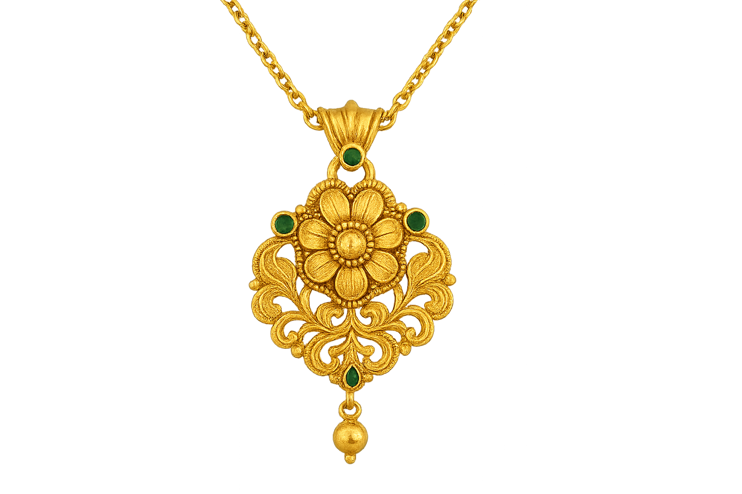 Elegant 22KT gold pendant necklace with intricate floral design. Perfect for festive and daily wear. with emerald give the image in png format no background