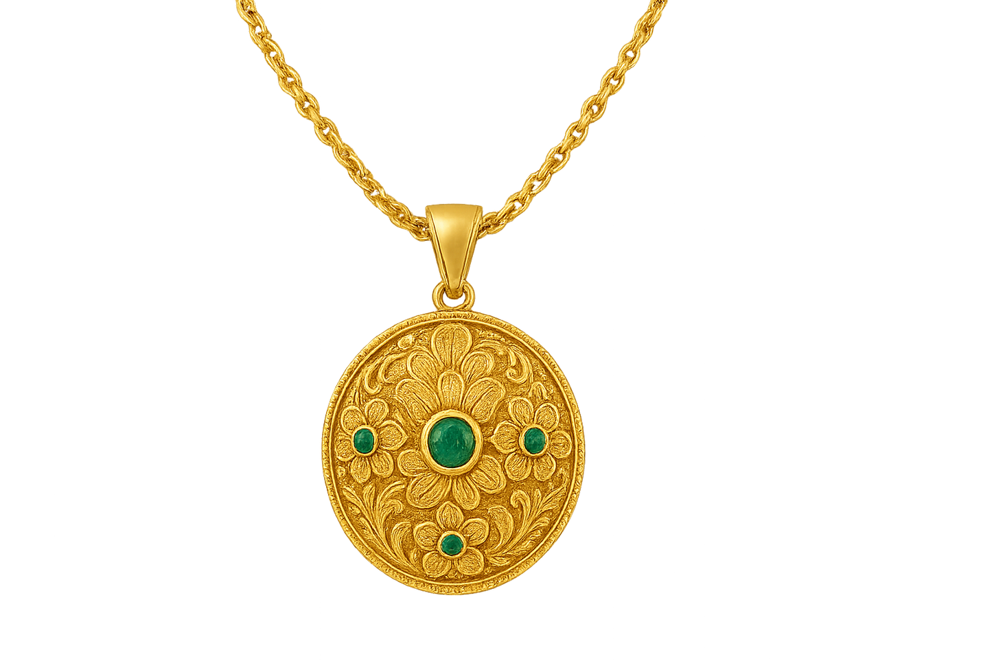 Elegant 22KT gold pendant necklace with intricate floral design. Perfect for festive and daily wear. with emerald give the image in png format no background 