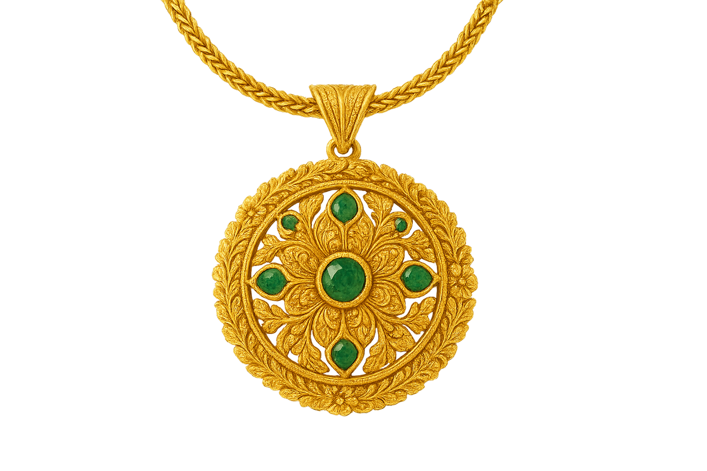 Elegant 22KT gold pendant necklace with intricate floral design. Perfect for festive and daily wear. with emerald give the image in png format no background  