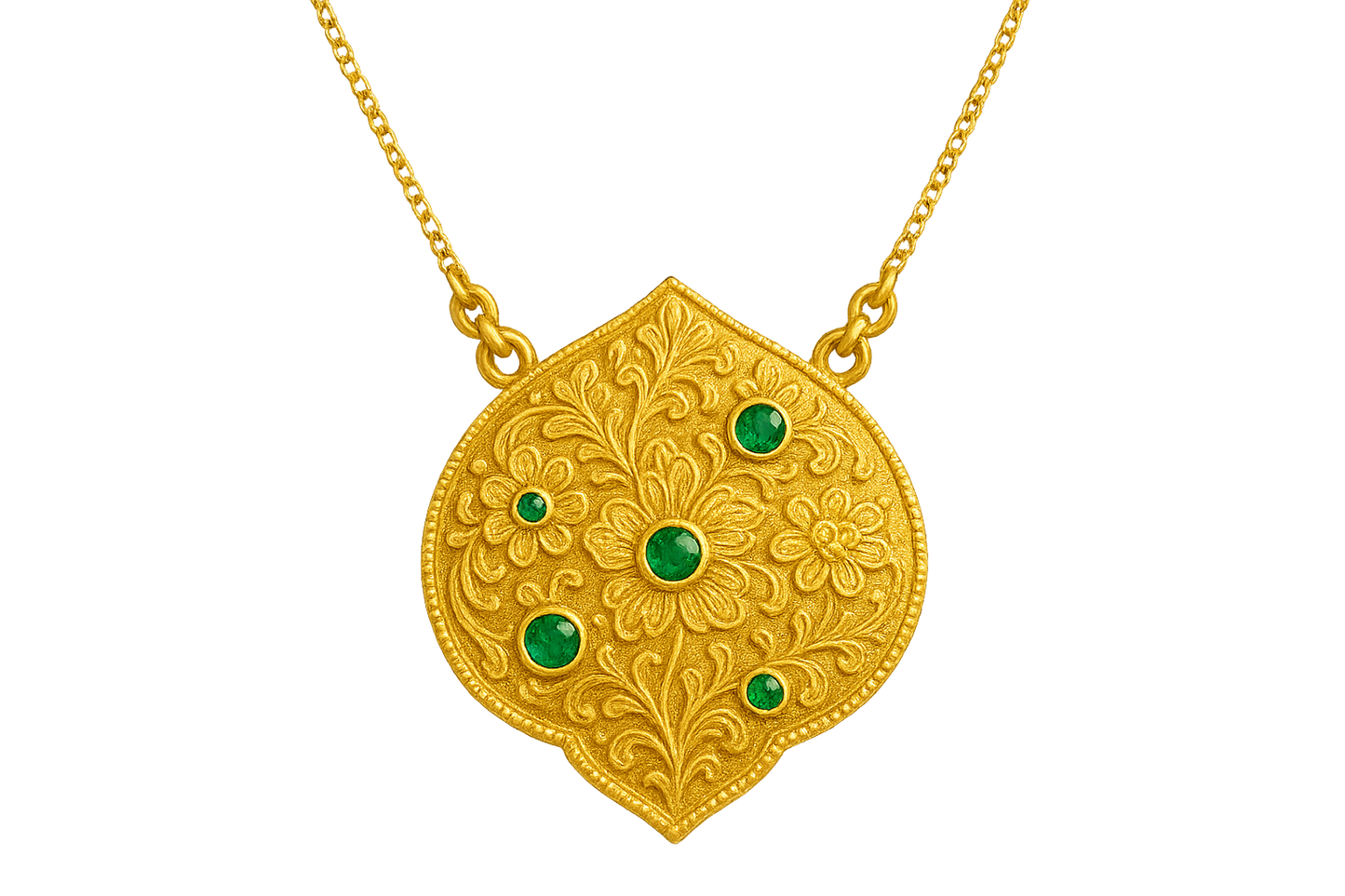 Elegant 22KT gold pendant necklace with intricate floral design. Perfect for festive and daily wear. with emerald give the image in png format no background  