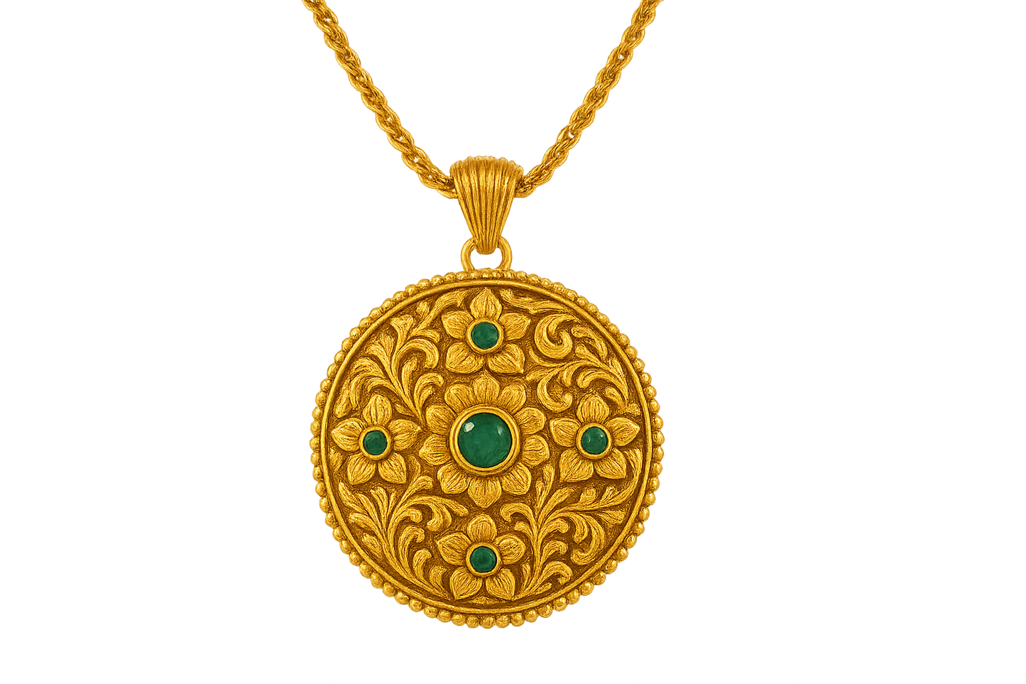 Elegant 22KT gold pendant necklace with intricate floral design. Perfect for festive and daily wear. with emerald give the image in png format no background 