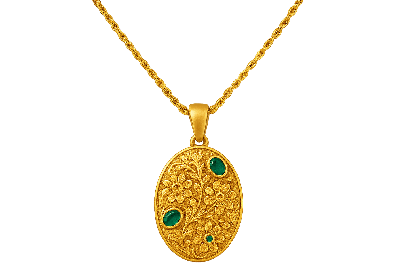 Elegant 22KT gold pendant necklace with intricate floral design. Perfect for festive and daily wear. with emerald give the image in png format no background 