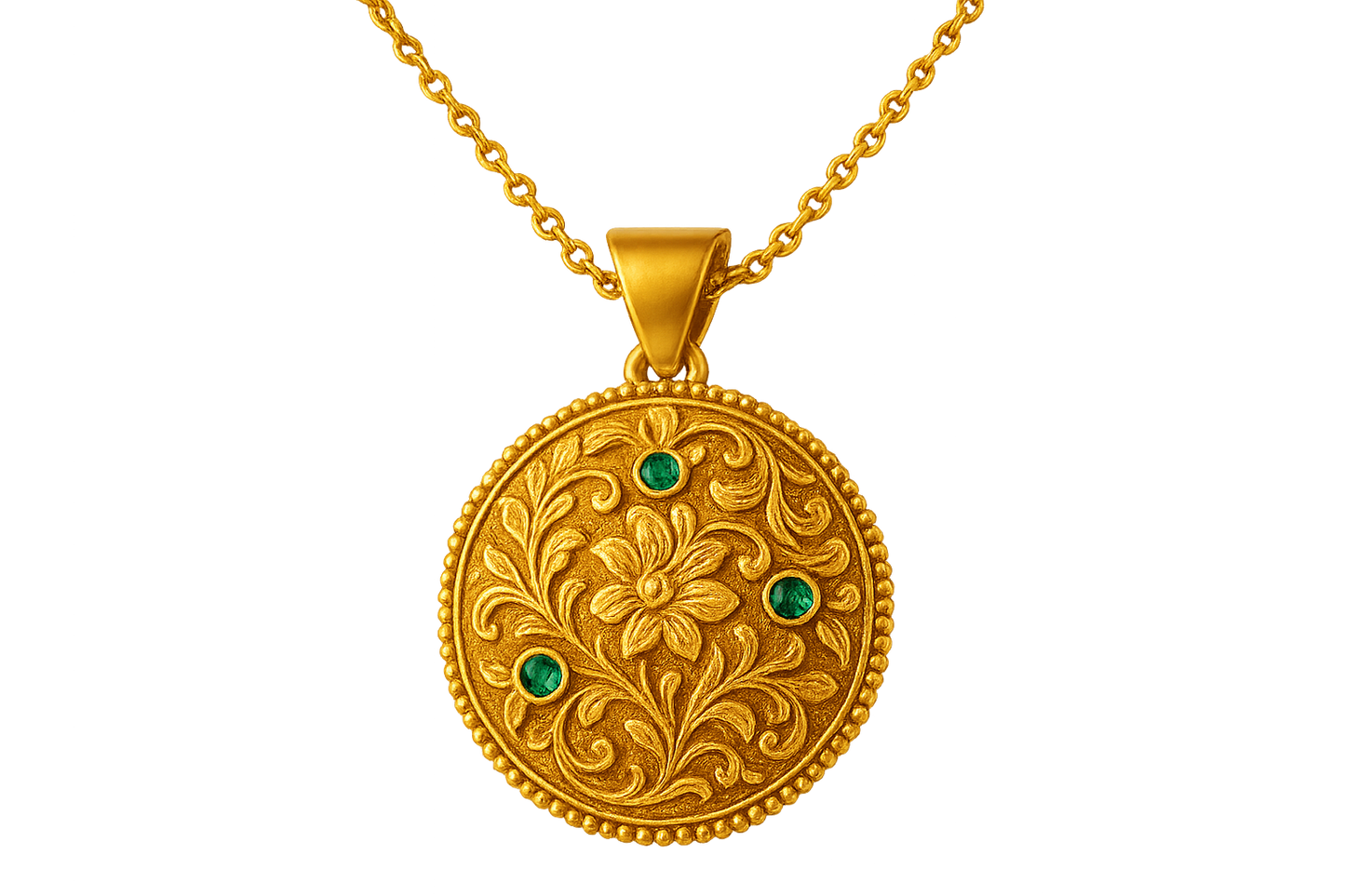 Elegant 22KT gold pendant necklace with intricate floral design. Perfect for festive and daily wear. with emerald give the image in png format no background 