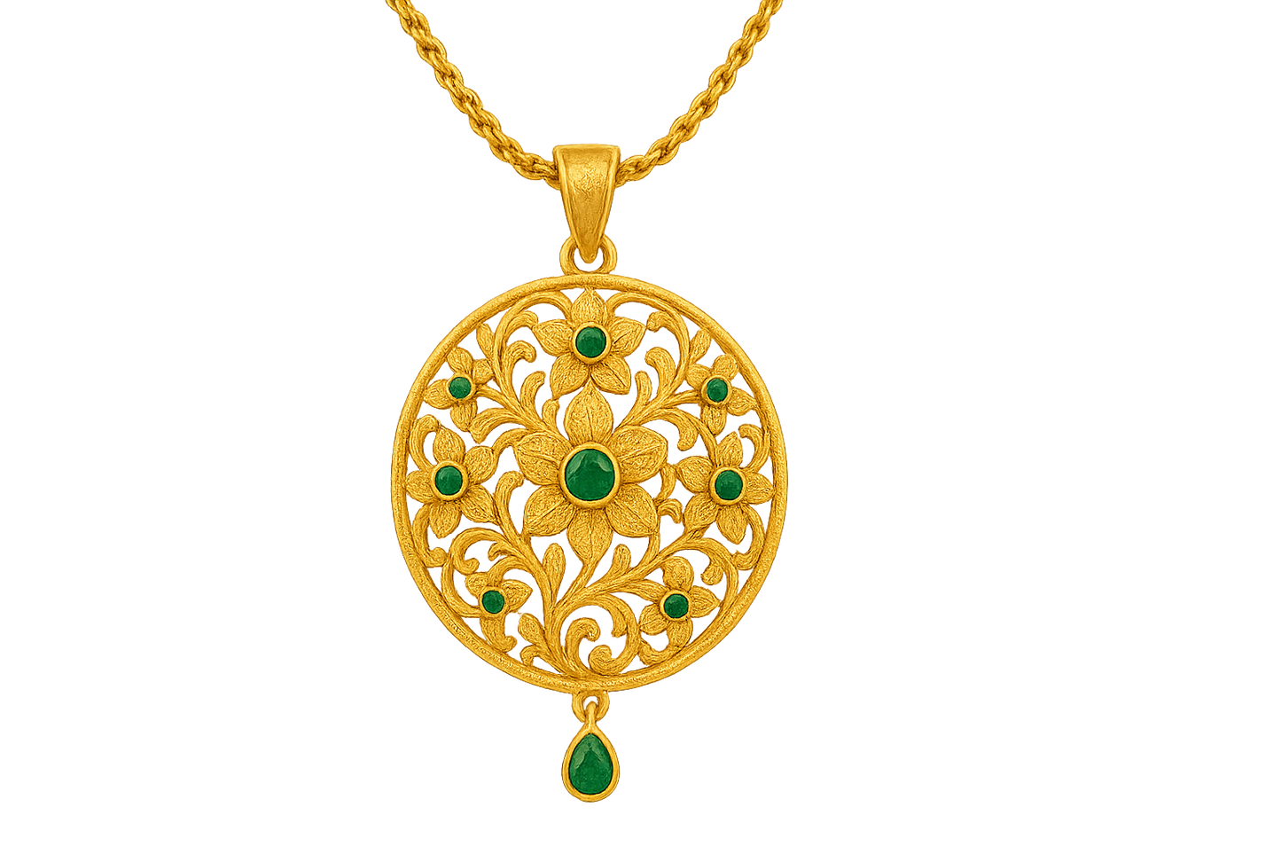 Elegant 22KT gold pendant necklace with intricate floral design. Perfect for festive and daily wear. with emerald give the image in png format no background 