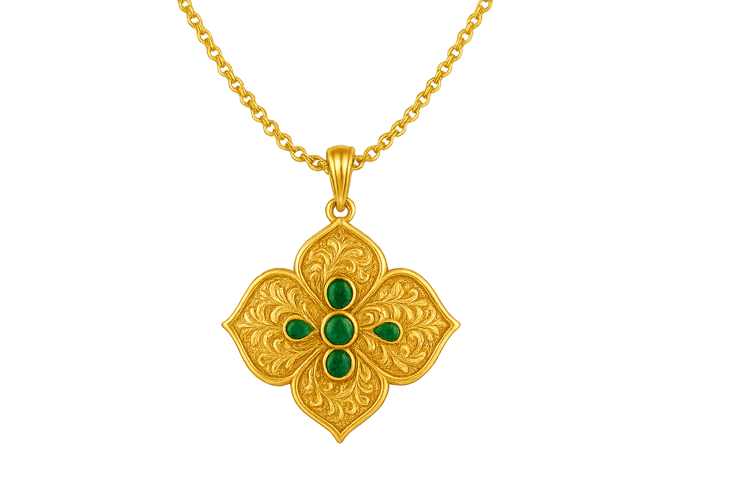 Elegant 22KT gold pendant necklace with intricate floral design. Perfect for festive and daily wear. with emerald give the image in png format no background 