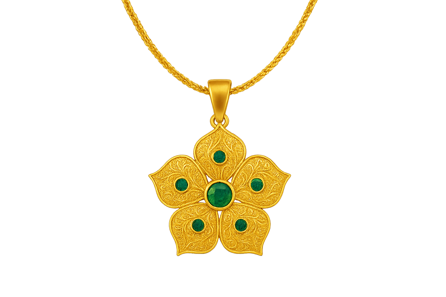 Elegant 22KT gold pendant necklace with intricate floral design. Perfect for festive and daily wear. with emerald give the image in png format no background