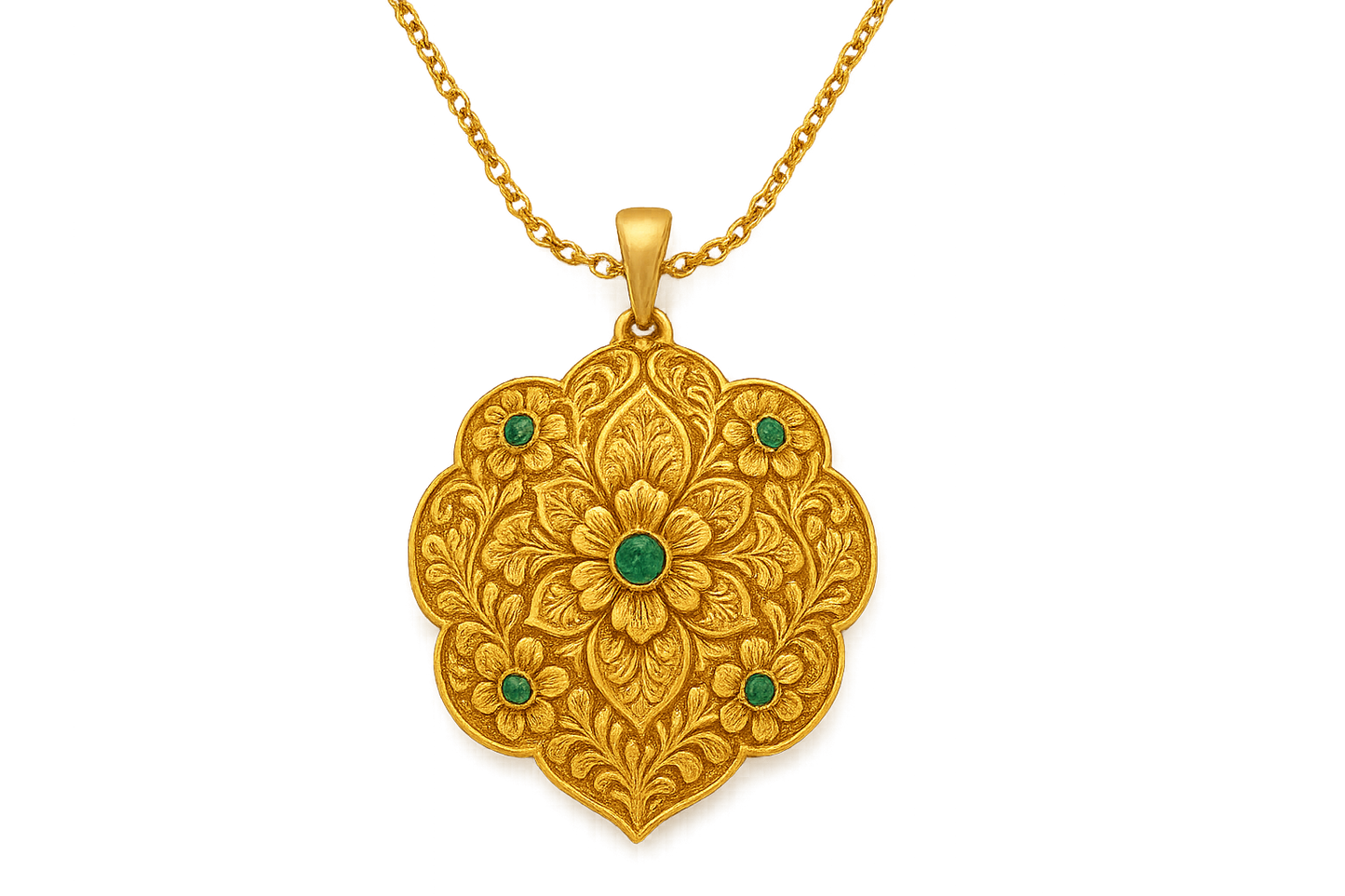 Elegant 22KT gold pendant necklace with intricate floral design. Perfect for festive and daily wear. with emerald give the image in png format no background 
