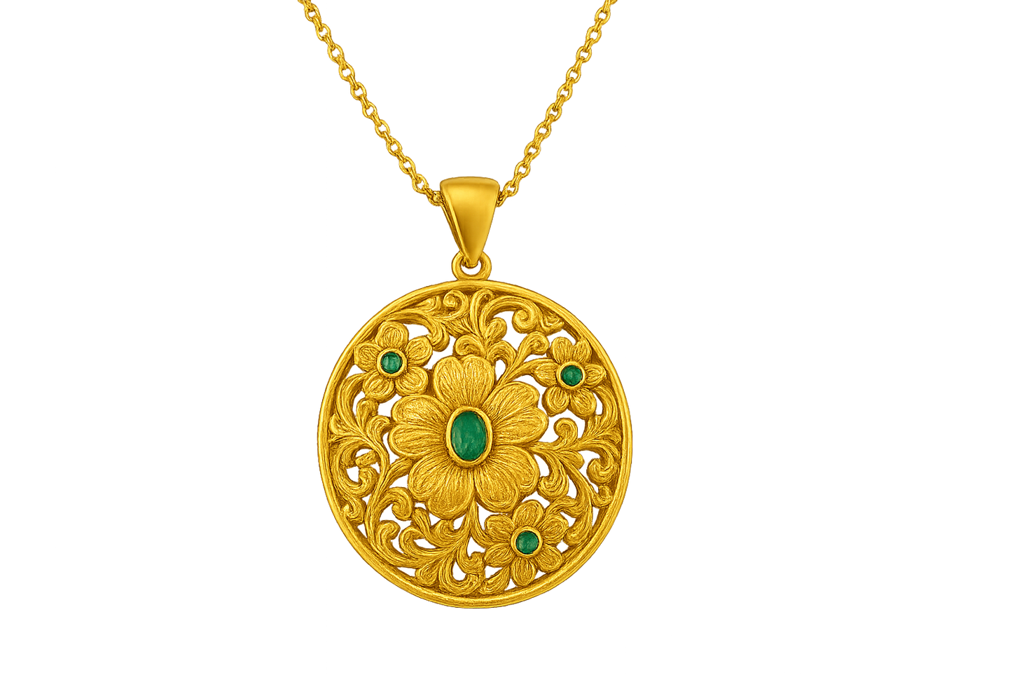 Elegant 22KT gold pendant necklace with intricate floral design. Perfect for festive and daily wear. with emerald give the image in png format no background 