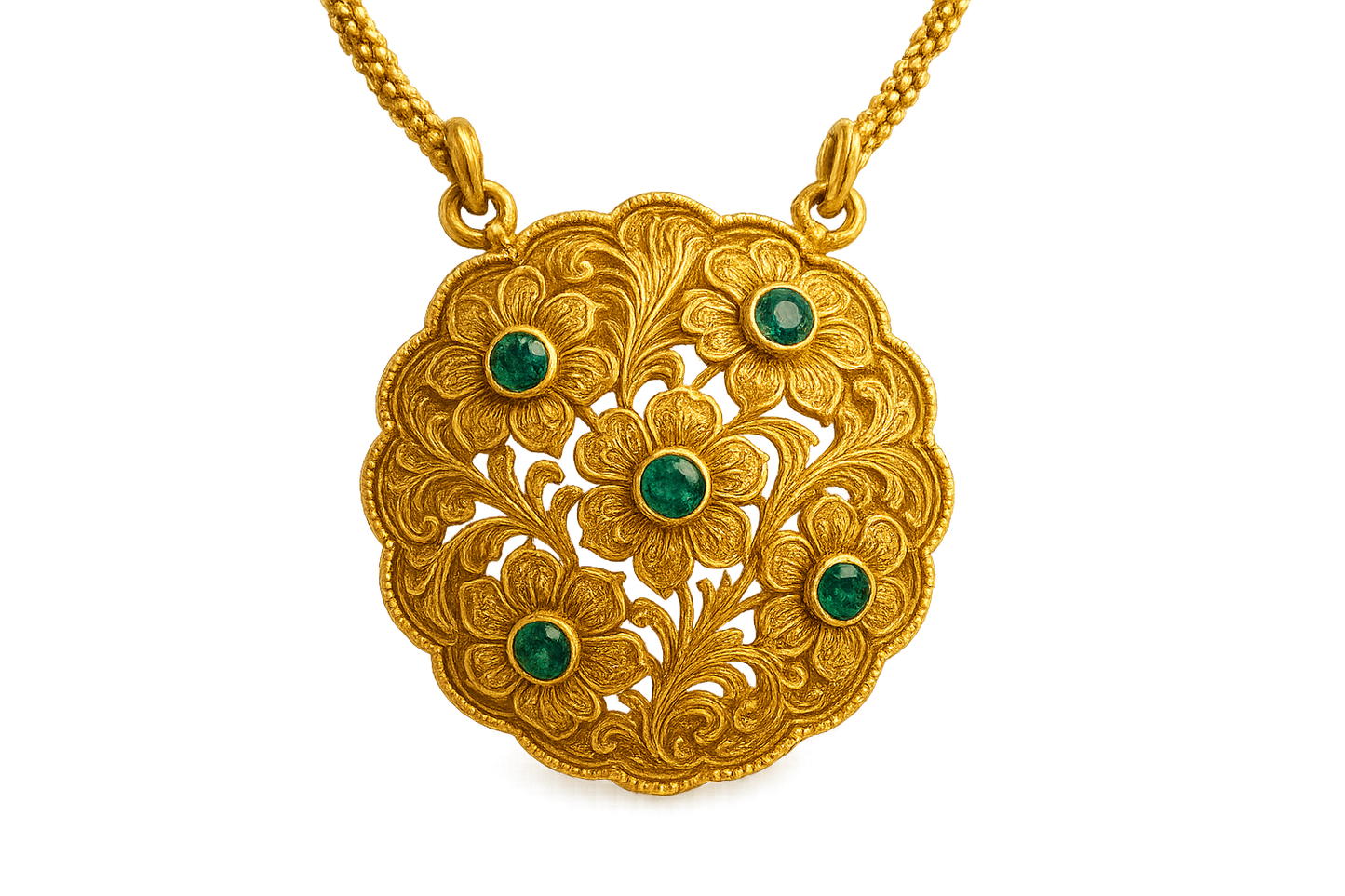 Elegant 22KT gold pendant necklace with intricate floral design. Perfect for festive and daily wear. with emerald give the image in png format no background 