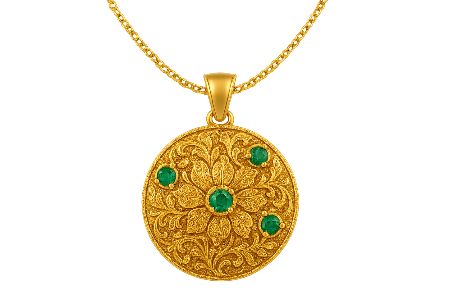 Elegant 22KT gold pendant necklace with intricate floral design. Perfect for festive and daily wear. with emerald give the image in png format no background 