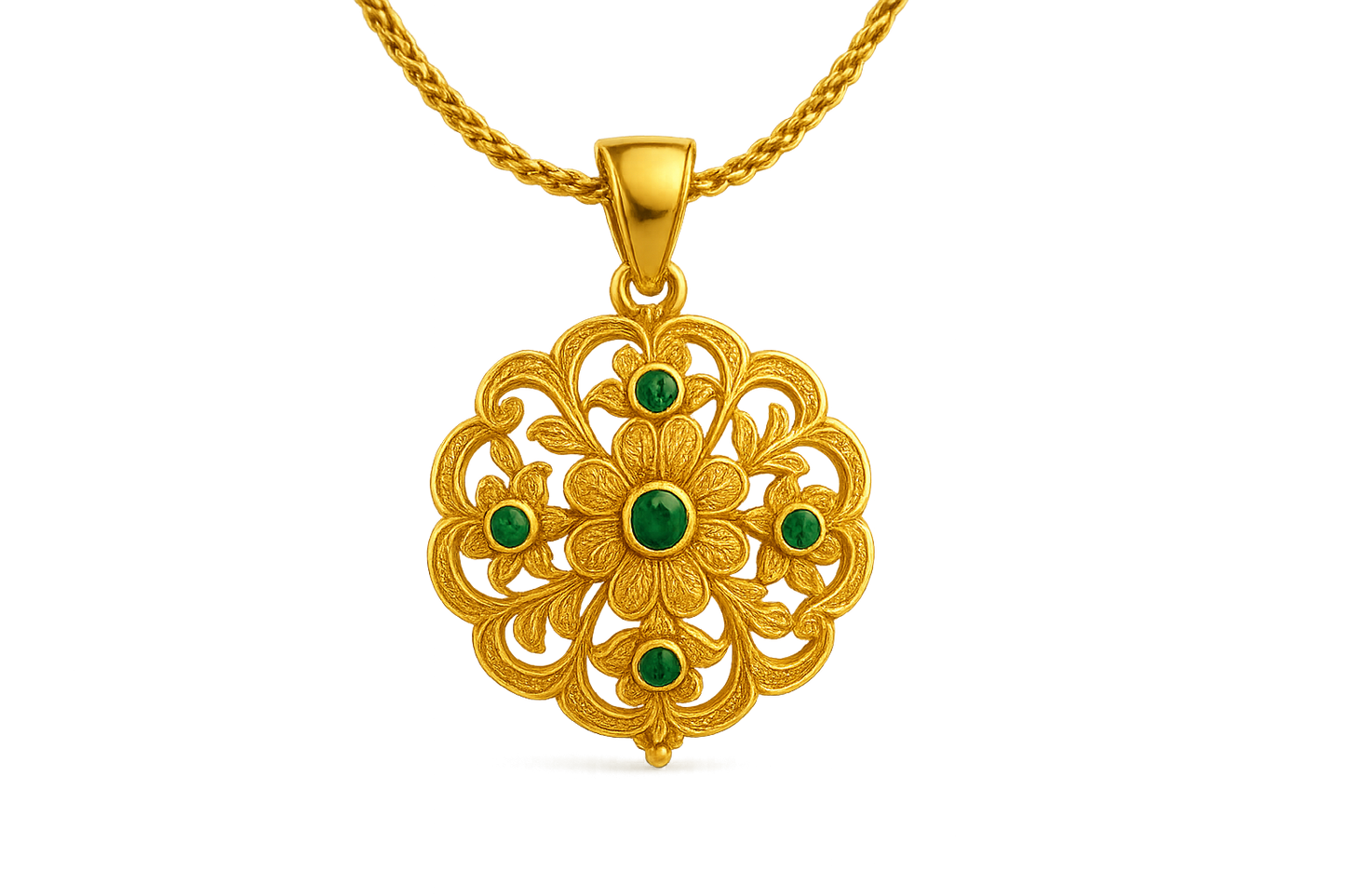 Elegant 22KT gold pendant necklace with intricate floral design. Perfect for festive and daily wear. with emerald give the image in png format no background  